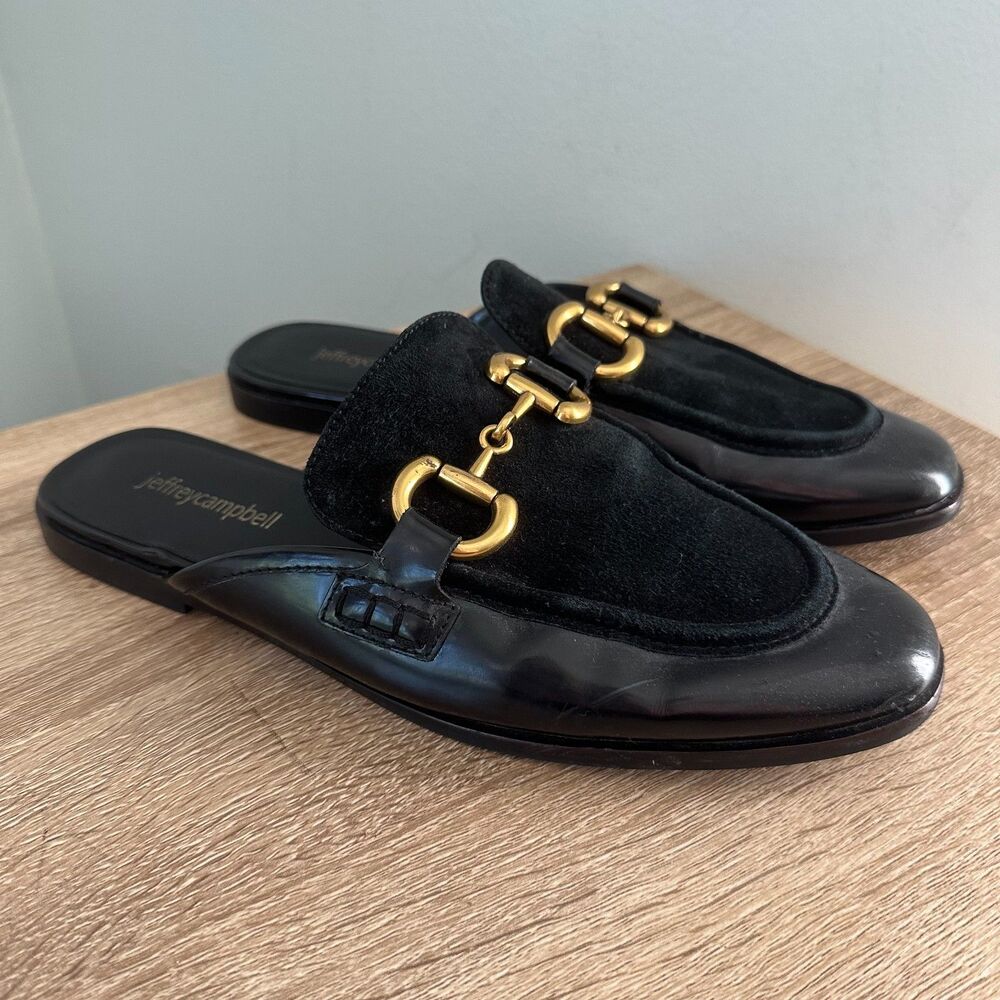 Jeffrey Campbell Black Leather Suede Mules Loafers Gold Horsebit Buckle Size 8.5